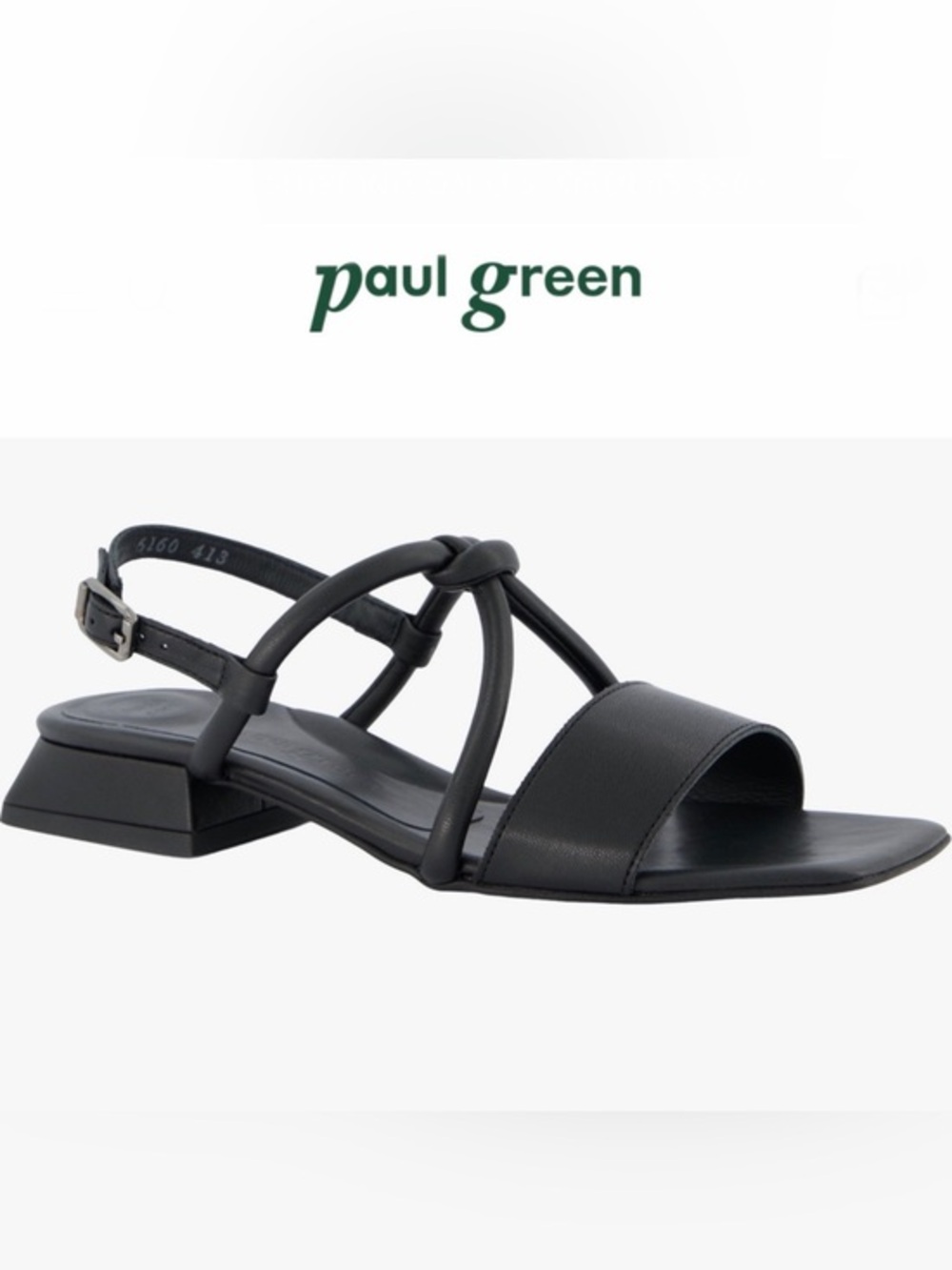 Paul Green Dream Square Toe Slingback Sandal Black Leather Low-Heel Strappy US 6